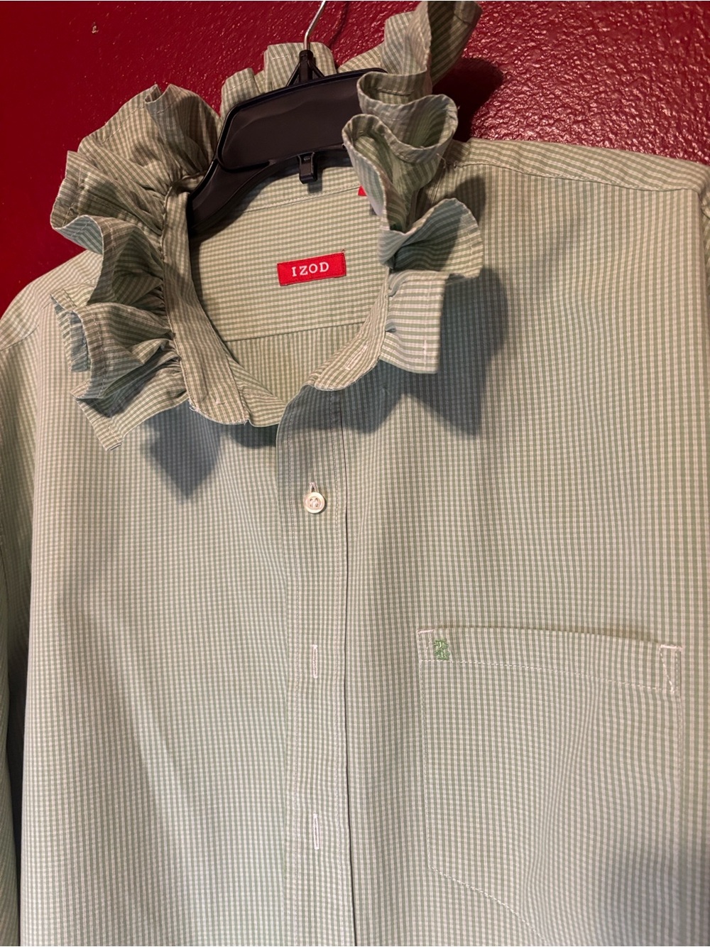 Upcycled/Reloved Izod Light Green Micro-Stripe Ruffled Collar Shirt